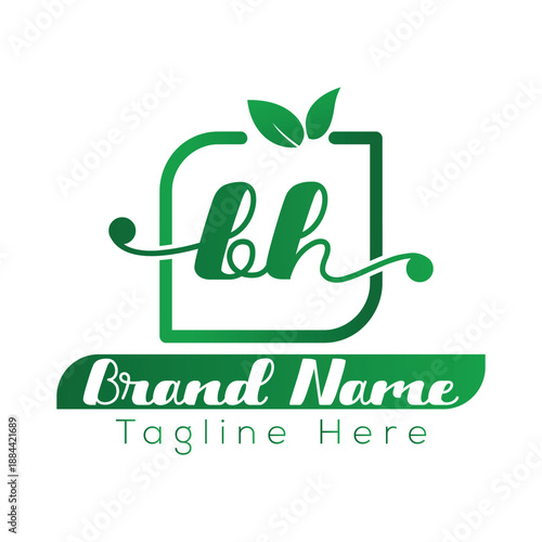 Green leaf logo with letters bh and brand name tagline placeholder leaves
