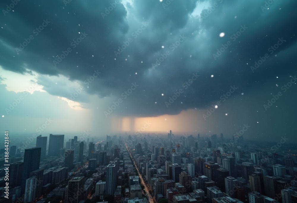 Fototapeta premium Dramatic Hailstorm Manifesting Ice Pellets from Storm Clouds Heavily Pouring Above Cityscape