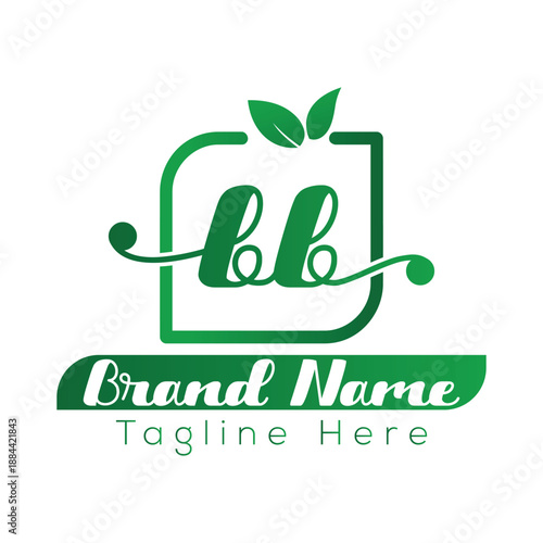 Green leaf logo with script letters bb and brand name tagline text leaves nature