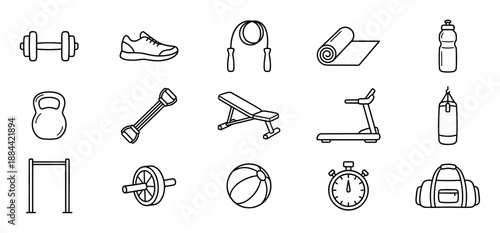 Set of fitness and gym equipment icons including a dumbbell, sneaker, jump rope, and treadmill in a simple black and white line art style for workout and exercise concepts