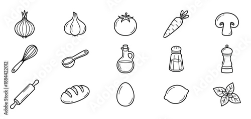 Collection of black and white cooking icons featuring vegetables, utensils, and ingredients like onion, garlic, and bread in a simple hand-drawn doodle style for culinary design