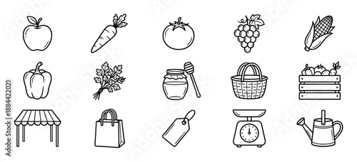 Set of farmers market icons in a simple black line art style showing fresh produce like apples, carrots, and grapes, and shopping items like a basket, bag, and scale