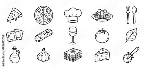 Set of black line art icons representing popular cuisine, featuring pizza, spaghetti, lasagna, ravioli, wine, cheese, and a chef hat, all drawn in a minimalist doodle sketch style