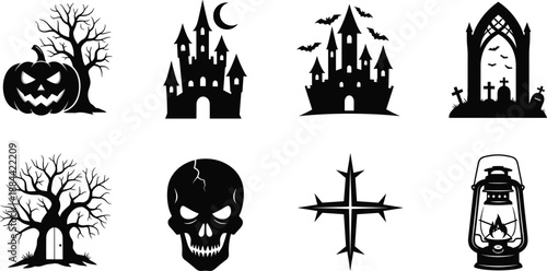 Halloween spooky silhouette icon set with haunted castle skull graveyard pumpkin tree lantern gothic horror vector elements collection