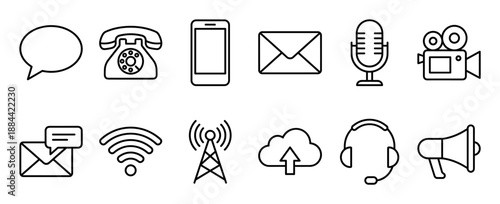 Black outline communication and technology icons set featuring a phone, smartphone, mail, microphone, camera, wifi, cloud, and headset for various digital media concepts