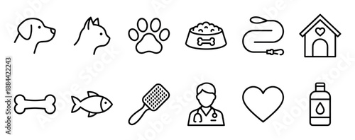 Set of black pet care line icons showing a dog, cat, paw print, food, leash, kennel, bone, fish, brush, veterinarian, and symbols for animal health, grooming, and love