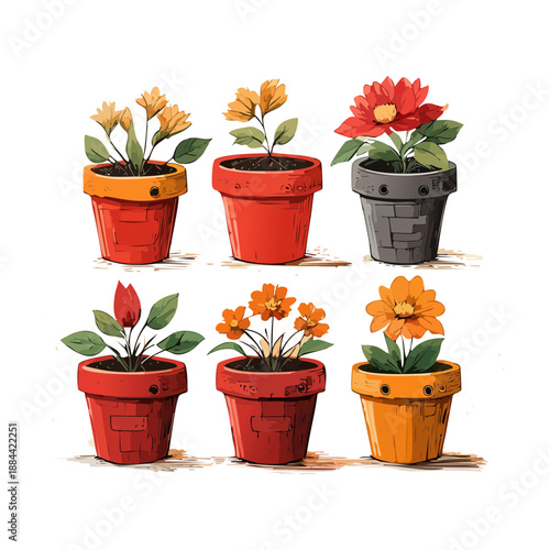 Set of orange and yellow garden flowers in terracotta pots for classic sunny garden terrace styling