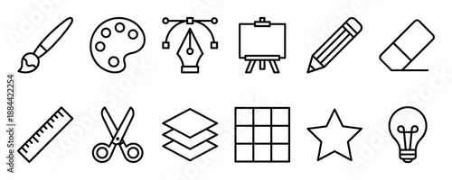 Set of black line art icons representing creativity and design, including a paintbrush, palette, pen tool, easel, pencil, eraser, ruler, scissors, layers, and a lightbulb