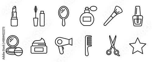 Set of beauty and cosmetic line icons representing makeup, skincare, and hairstyling tools like lipstick, mascara, hairdryer, and scissors in a minimalist outline vector illustration