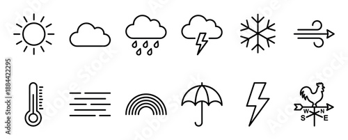 Set of black line weather forecast icons showing various conditions like sun, cloud, rain, thunderstorm, snow, wind, temperature, fog, rainbow, and a weathervane