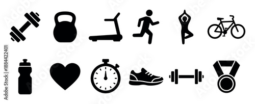Collection of black fitness icons representing various sports and gym activities including running, yoga, cycling, and weightlifting with equipment like dumbbells and kettlebells