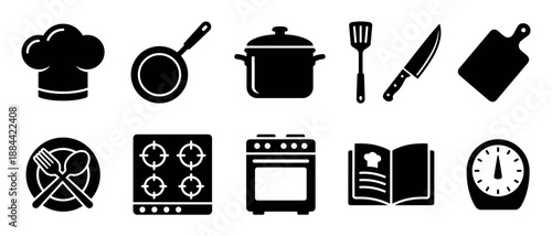 Set of black kitchen and cooking glyph icons in a simple silhouette style, featuring a chef hat, pan, pot, spatula, knife, cutting board, stove, and timer