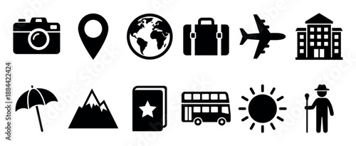 Twelve black solid glyph icons for travel and vacation themes, featuring a camera, location pin, globe, luggage, airplane, hotel, mountain, passport, bus, and tourist