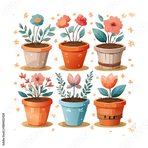 Set of assorted garden flowers in wooden barrels for rustic country style porch and garden decoration