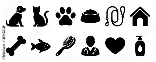 Collection of black silhouette pet icons for veterinary, grooming, and animal shop themes, showing a dog, cat, paw, food, leash, kennel, bone, fish, brush, and vet