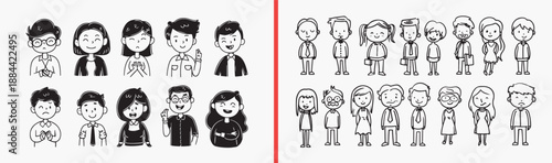 Happy Family Members Character Set, Cute Diverse People Illustration Art, Hand Drawn Portrait Cartoon Design Vector, Simple Face Doodle Sketch Clipart Bundle, Adorable Kids Adults Graphics Stock Art, 