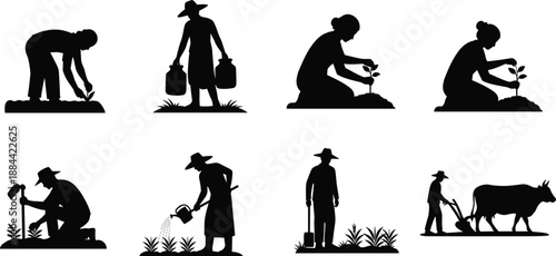 Farmer silhouettes set illustrating agriculture activities including planting seedlings, watering crops, digging soil, and traditional livestock plowing