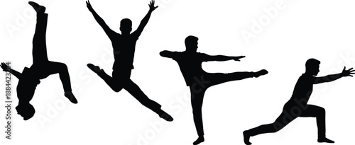 Dynamic male dancer silhouette sequence showing powerful jumps, kicks, and expressive poses, modern contemporary dance movement isolated on white background concept