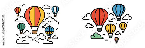 Colorful hot air balloons floating in a clear sky with clouds