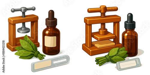 Essential oil extraction tools with leaves in a clean vector design