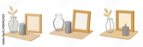 Decorative table arrangement with candles and vases in a cozy setting