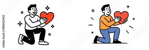 Men kneeling and holding hearts in a vector illustration