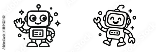 Friendly vector robots waving and spreading joy in a playful setting