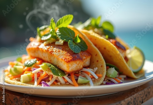 Exciting Fish Taco Delicacies on Beachside Counter Bright Sunshine Enhancing Texturally Rich Slaw