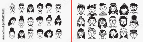 Family Members Character Collection Illustration Art, Hand Drawn People Portrait Sketch Design, Cute Parent Child Doodle Vector Clipart, Happy Family Drawing Bundle Graphics Stock, Diverse People Avat