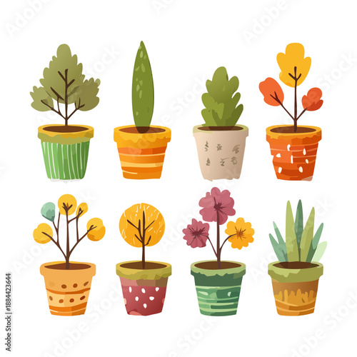 Set of assorted garden plants and shrubs in orange pots for autumn landscape and seasonal decor