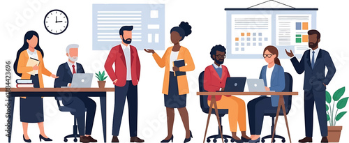 Illustration of a diverse group of business professionals collaborating and working together in an office setting with laptops and charts.