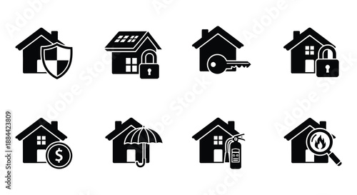 Home insurance protection and real estate icons in a black silhouette style