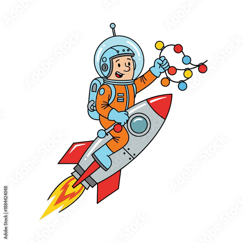 Astronaut Riding Rocket Holding Christmas Lights, Space Celebration
