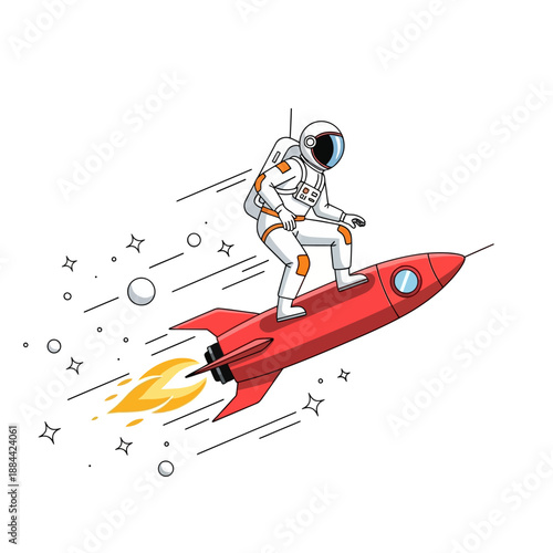 Astronaut surfing red rocket through stars, creative space travel concept