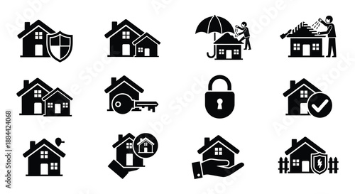 Home insurance protection and real estate icons in a black silhouette style