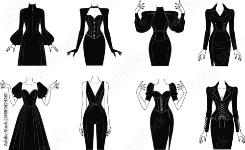 Gothic black dress fashion vector set featuring elegant female silhouettes corset styles and dark Victorian outfits isolated on white background