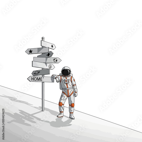 Astronaut at Crossroads Signpost with 'Home' Direction, Space Exploration Choice