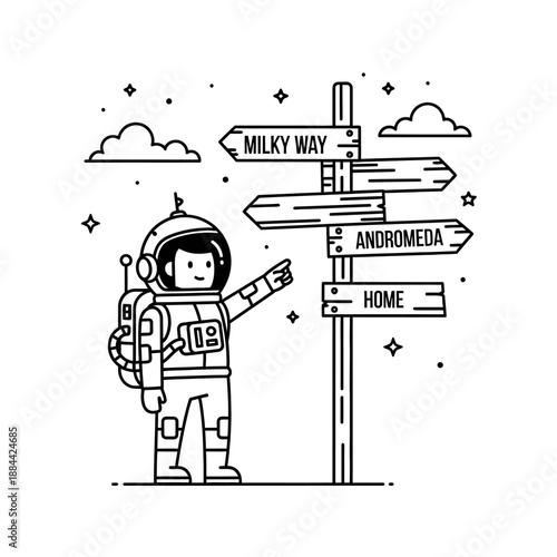 Astronaut choosing direction at crossroads signpost in space, Milky Way, Andromeda, Home