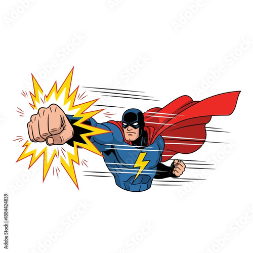 Superhero punching with lightning bolt symbol, flying fast with red cape