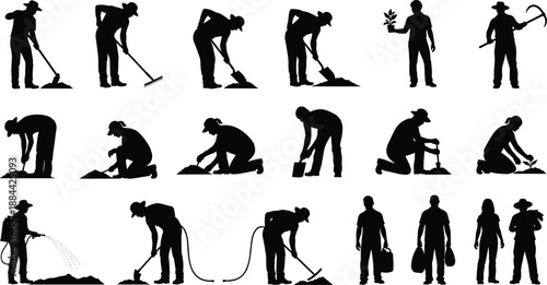Gardening and farming worker silhouettes set showing planting, digging, watering, harvesting, and agricultural labor activities with tools, isolated on white background for rural, ecology