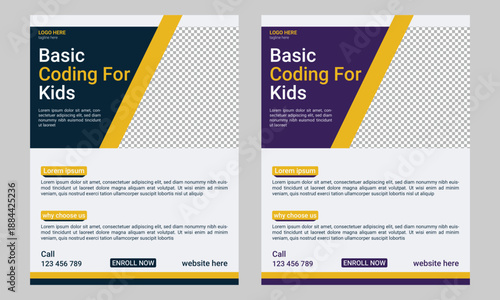 Coding computer programming and kids technology educational print flyer or poster template