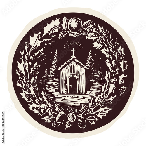 Christian church with advent foliage clip art illustration. Hand drawn black and white religious christian graphic for retreat, reflection. Contemplative prayer hermitage vector editable motif.