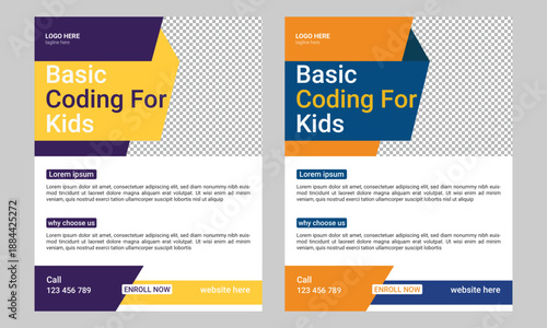 Coding computer programming and kids technology educational print flyer or poster template