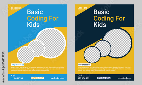 Coding computer programming and kids technology educational print flyer or poster template
