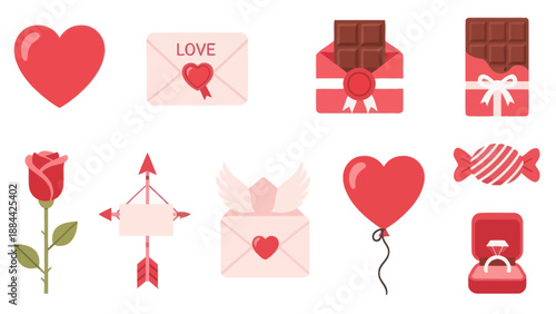 Valentine's Day Icons: Hearts, Rose, Chocolate, Love Letter, Ring, Candy, Arrow