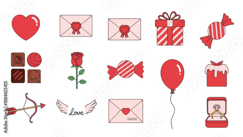 Valentine's Day Icons: Heart, Rose, Gift Box, Love Letter, Ring, Candy, Cupcake, Balloon