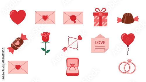 Valentine's Day Icons: Heart, Rose, Gift Box, Candy, Envelope, Ring, Balloon