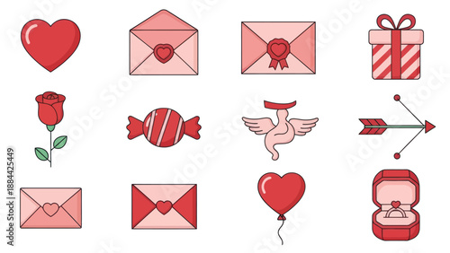Valentine's Day Icons: Hearts, Roses, Envelopes, Gift, Ring, Cupid, Candy, Arrow