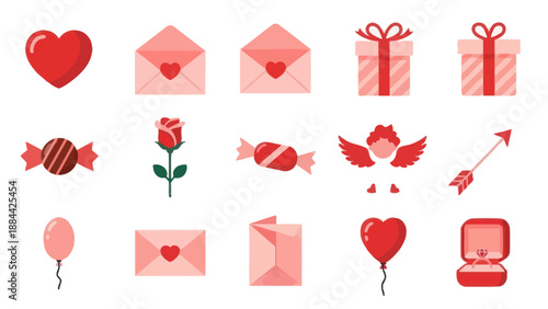 Valentine's Day Icons Set: Hearts, Gifts, Envelopes, Cupid, Rose, Candy, Ring