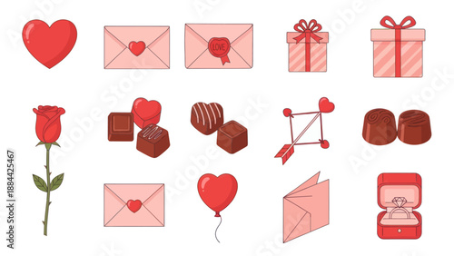 Valentine's Day Icons: Hearts, Roses, Gifts, Chocolates, Envelopes, Ring, Balloon
